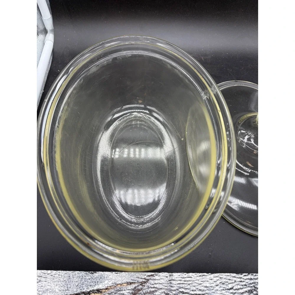 Vintage Pyrex 194 Clear Glass Oval Casserole Dish‎ with Lid Yellow Rim Trim